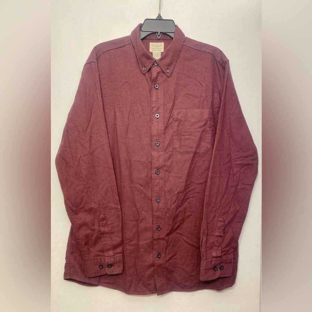 L.L. Bean Men Slightly Fitted Red Black Houndstooth Button Up Flannel Large Tall